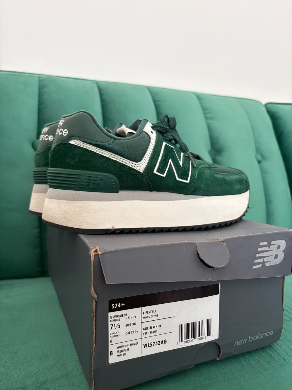New Balance Women’s 574+ Platform Sneaker - Dark Green/White - Picture 3 of 7